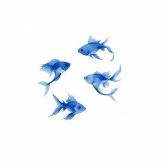 Four stylized blue watercolor fish arranged in circular pattern with flowing fins on white background
