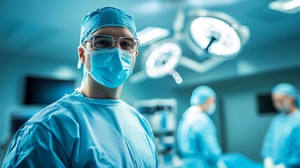 Surgeon in scrubs and surgical mask under operating lights — concept of Medical. 