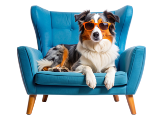  Stylish Merle Australian Shepherd Leaning Back on Minimal Blue Lounge Chair in Orange Sunglasses, PNG Isolated.