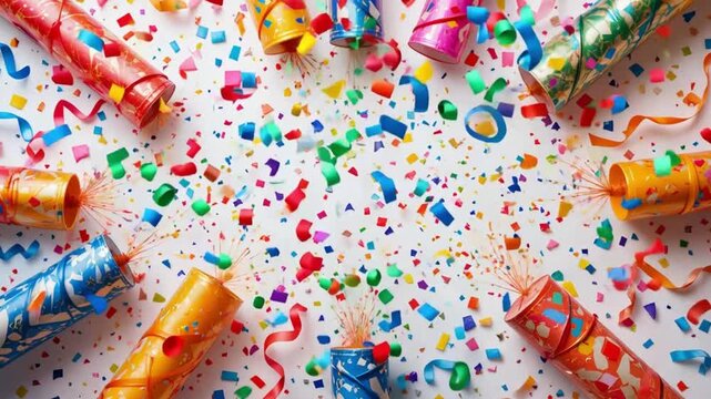 Exploding party poppers spraying confetti joyfully for festive celebration