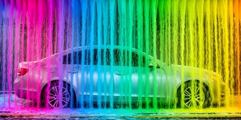 Car wash rainbow: modern vehicle in colorful wash tunnel for automotive advertising and cleanliness concepts (88 characters)