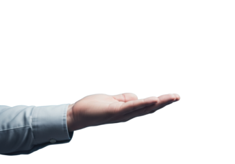 A professional hand, light grey cuff, holding a prominent blue medical cross with minimalist white line icons on a clean light blue background. Concept of comprehensive healthcare services