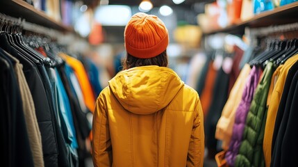 Obraz premium Shopper browsing colorful clothing rack in boutique — concept of retail shopping. 