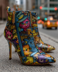 Stylish high-heel ankle boots with vibrant colorful cat illustrations, glossy patterned texture, golden zipper details and modern urban street fashion aesthetic in close-up view
