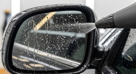 Car side mirror wash: black vehicle detail with water spray for automotive care and maintenance advertising