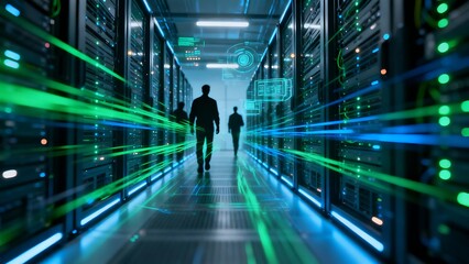 Generative AI digital corridor with futuristic server racks data flow.