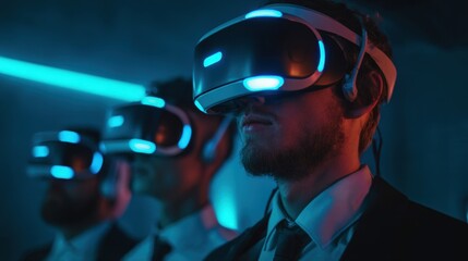 Business Professionals Using Virtual Reality Headsets in Dark Modern Office