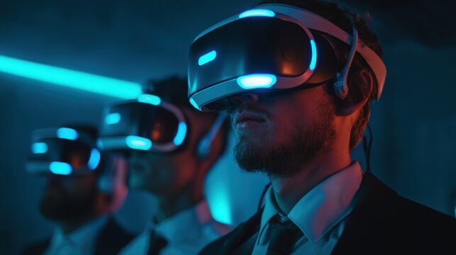 Business Professionals Using Virtual Reality Headsets in Dark Modern Office