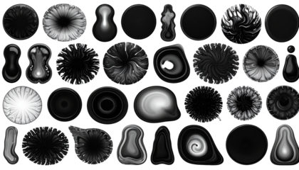 Abstract grayscale composition featuring various organic, circular and fluid shapes