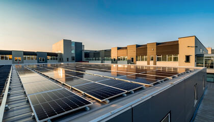 Sustainable energy solution featuring solar panels atop an eco-friendly building, reflecting a commitment to renewable power and environmental responsibility
