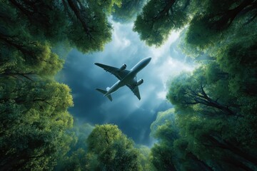 Naklejka premium Ecofriendly air travel concept with a plane flying through lush green trees under a bright blue sky, showcasing sustainable aviation principles
