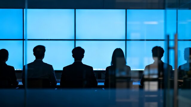 Generative AI executives analyzing glowing blue data displays