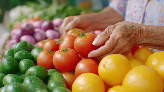 Senior hands selecting fresh tomatoes and colorful vegetables at a market stand, capturing a vibrant scene of healthy food choices, natural produce and active lifestyle in daylight.