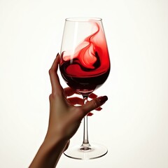 Hand swirling red liquid in a wine glass against a white background