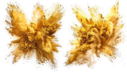 Two symmetrical explosions of golden powder against a black background
