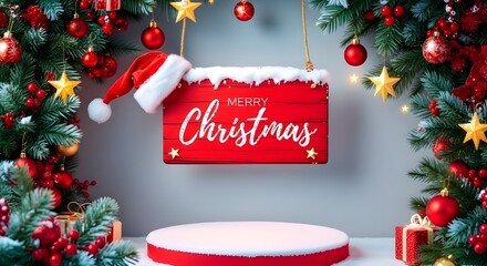 A festive Christmas scene featuring a red sign with 'Merry Christmas' surrounded by decorated trees, gifts, and ornaments on a gray background with a circular platform in the foreground.