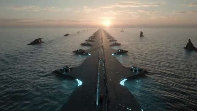 A long futuristic sea bridge stretches toward a sunset, glowing blue rails, with ships and hovercraft along the sides.