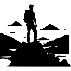 Silhouette of a hiker standing on a mountain looking at the view on transparent background