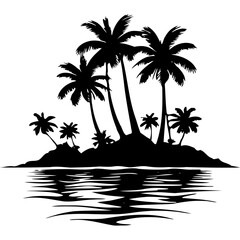 Silhouette of a tropical island with palm trees and water reflection on transparent background
