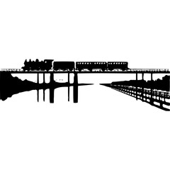 Silhouette of a train crossing a bridge over water reflection on transparent background