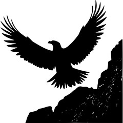 Silhouette of an eagle flying over a rocky mountain landscape art on transparent background