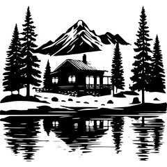 Silhouette of cabin by lake with mountain and trees in background on transparent background