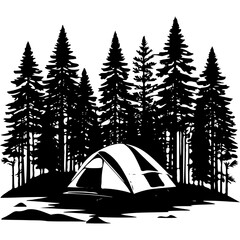 A tent is set up in a forest of tall trees in black and white art on transparent background silhouette