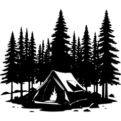 Silhouette of a tent with a fire in the forest of pine trees on transparent background