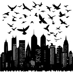 Silhouette of birds flying above a cityscape with many buildings on transparent background