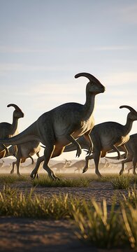 Parasaurolophus Herd Running Across Prehistoric Landscape.