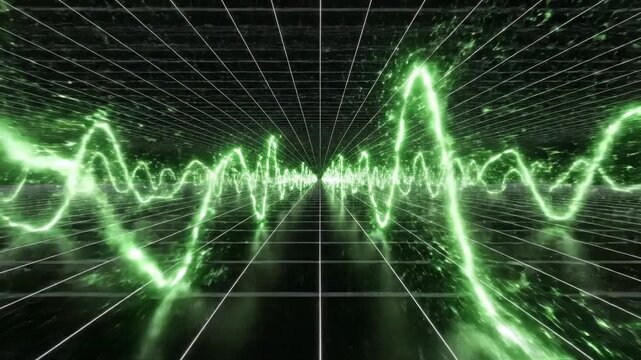 Rapid digital data stream flow represented by bright neon green sinusoidal waves moving across a black wireframe grid surface highspeed, futuristic, grid