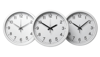 Three identical clocks side by side, showcasing different times with white faces