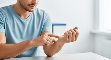 Patient checking pulse on wrist at clinic table, health monitoring and self-care assessment