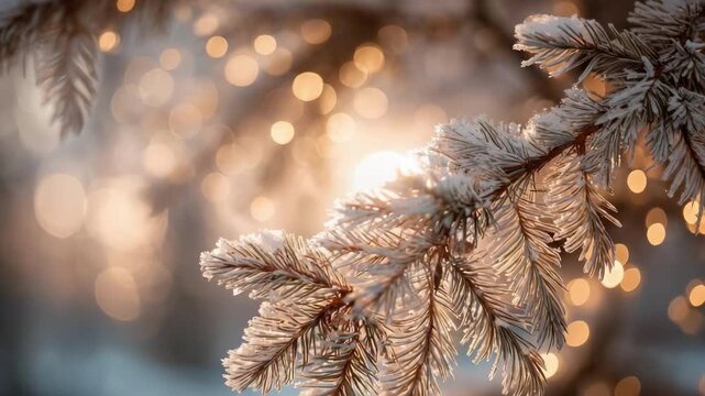 Frost-covered pine branch with ice crystals on the needles and warm blurred lights in the background.