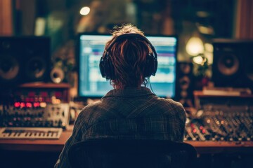 Music producer works on a new track in a professional recording studio during evening hours for an innovative audio project
