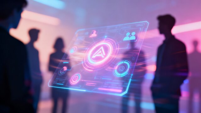 Generative AI futuristic digital interface with people silhouettes.