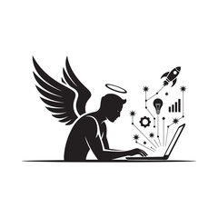Angelic figure working on a laptop with startup icons