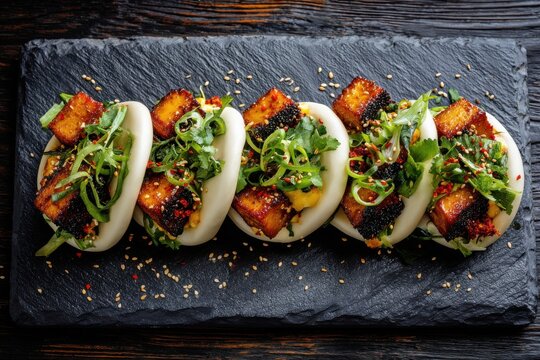Crispy tofu bao buns topped with sesame seeds and fresh scallions served on a slate platter for a delicious culinary experience - Powered by Adobe