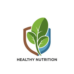 Healthy Nutrition Logo Design with Green Leaf and Shield Symbol.