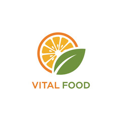 Vital Food logo design with a fresh orange slice and a green leaf.