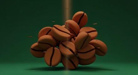 緑背景に浮かぶコーヒー豆の立体的な集合体と上からの光