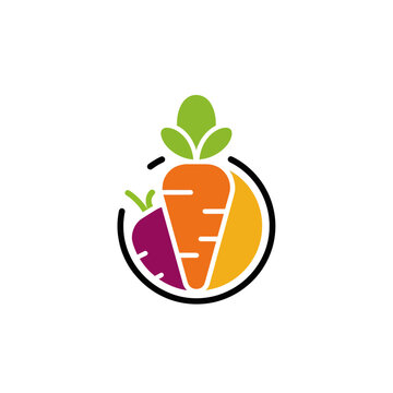 Stylized carrot and root vegetables logo design icon.