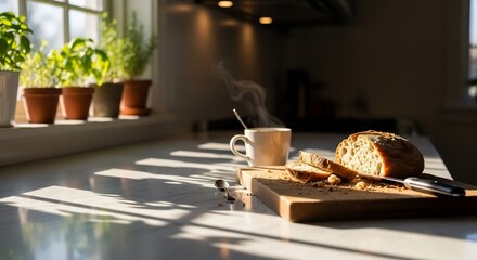 日差しが差し込むキッチンでパンと温かい飲み物を楽しむ穏やかな朝