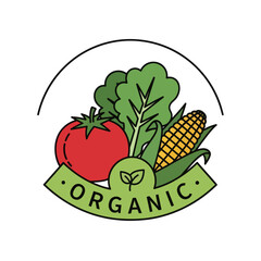 Organic fresh vegetables logo with tomato corn and lettuce.
