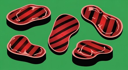 緑背景上の複数のストライプ模様がおしゃれなステーキ肉イラスト