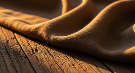 木の板に置かれた柔らかいベージュ色の布が、夕日の光を浴びて穏やかな雰囲気。