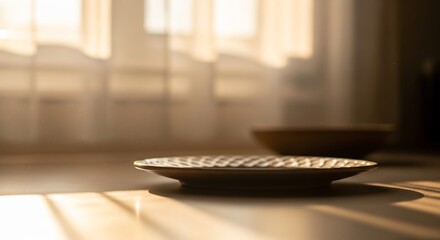 穏やかな日差しの中、静かに佇む皿と木製のボウル