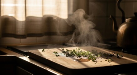 温かい日差しのキッチンで湯気の立つハーブ、木製のまな板とやかんのある風景