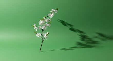 鮮やかな緑背景に白い花が咲く枝の美しい影が印象的な写真