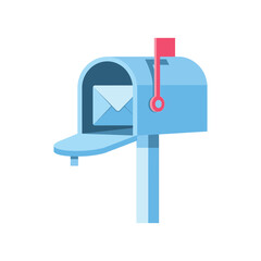 A blue curbside mailbox with an open door revealing a white envelope and a red flag, isolated on white background for communication.
